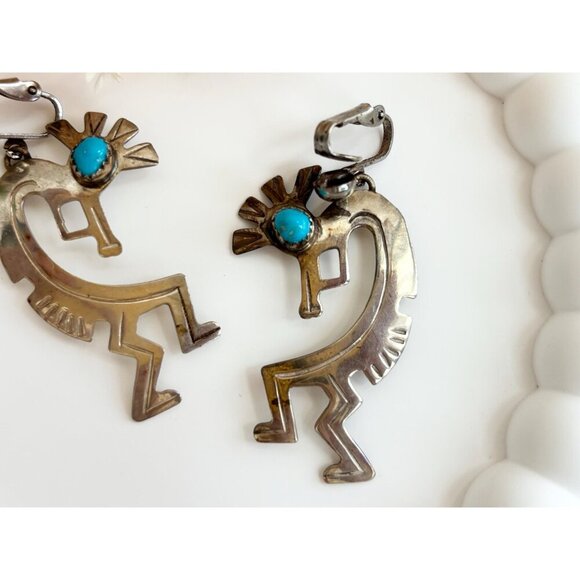 Kokopelli Sleeping Beauty Turquoise Sterling Silver Mexican Vintage Earrings - Picture 3 of 10